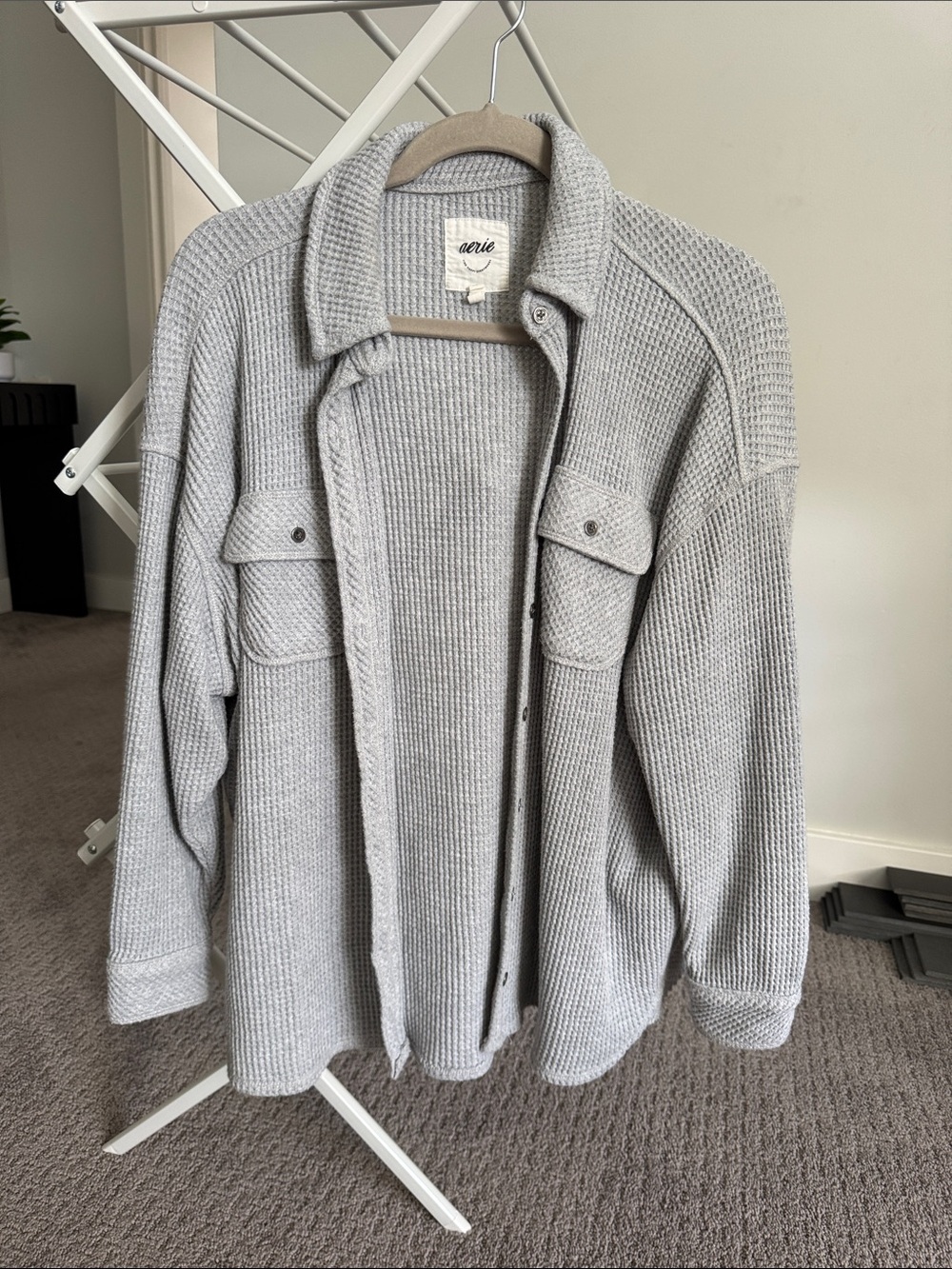 aerie
 Light Gray Waffle-Knit Cardigan Shacket